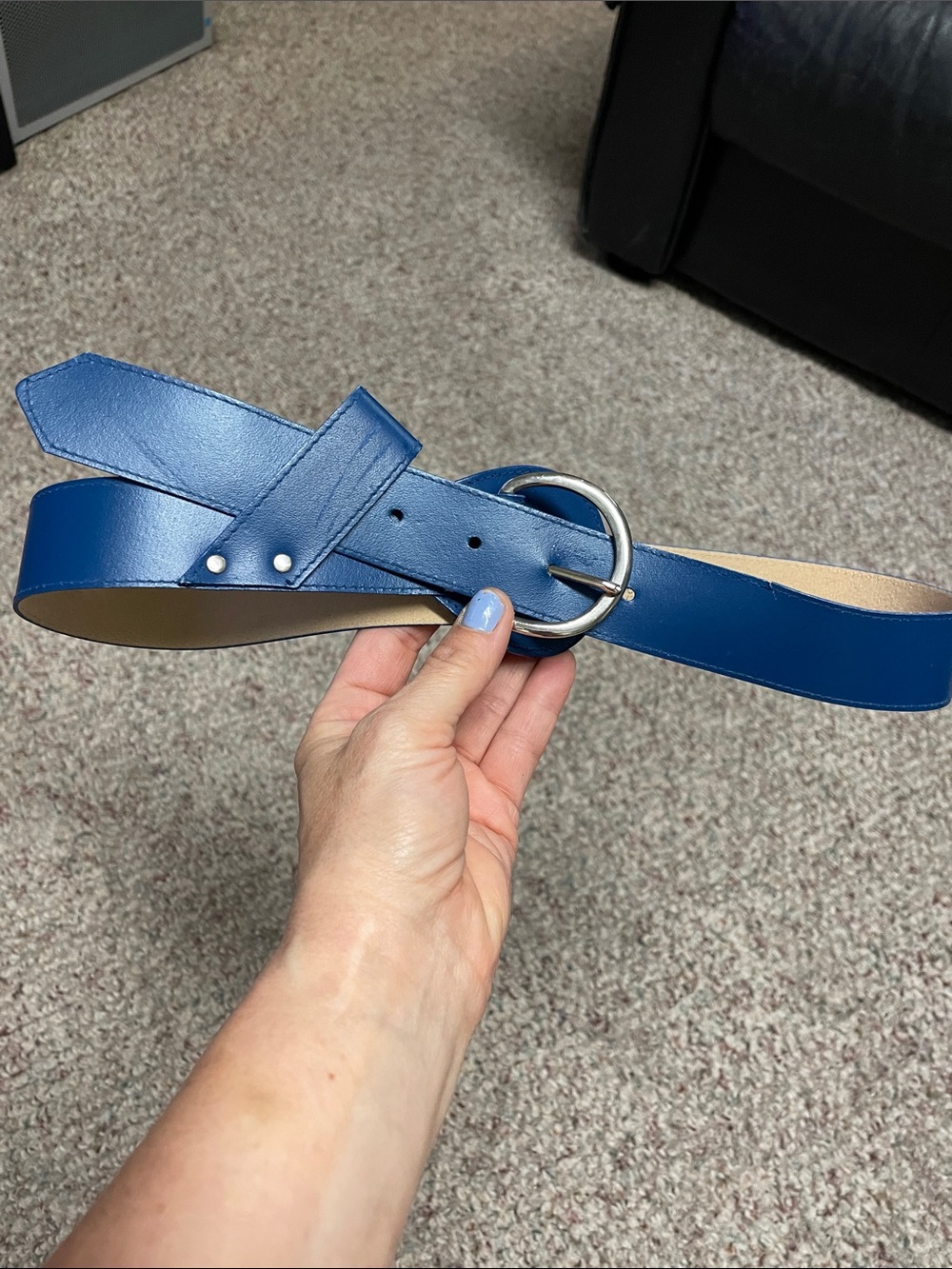 Vintage 80s Blue Leather Round-Buckle Women's Belt- cool